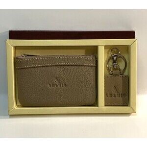 Adamis Tan Coin Change Purse Key Chain Set Faux Leather With Box